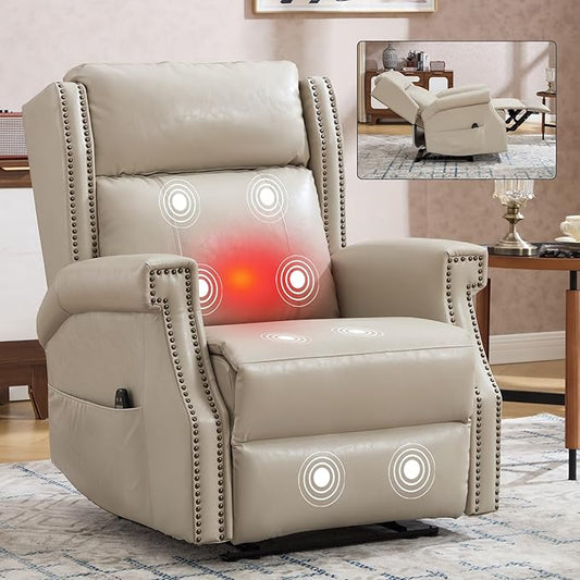 Manual Recliner Chair with Massage & Lumbar Heat, Breathable Leather Reclining Chair for Adults, Humanized Design Easy to Install Living Room Recliners Beige