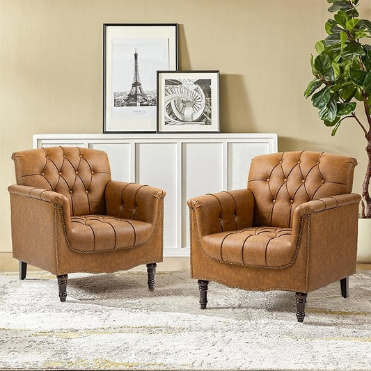 Pia Ricco Faux Leather Armchair Set of 2, Modern Accent Chairs with Nailhead Trim and Solid Wood Legs, Upholstered Comfort for Living Room, Office, Bedroom - Camel