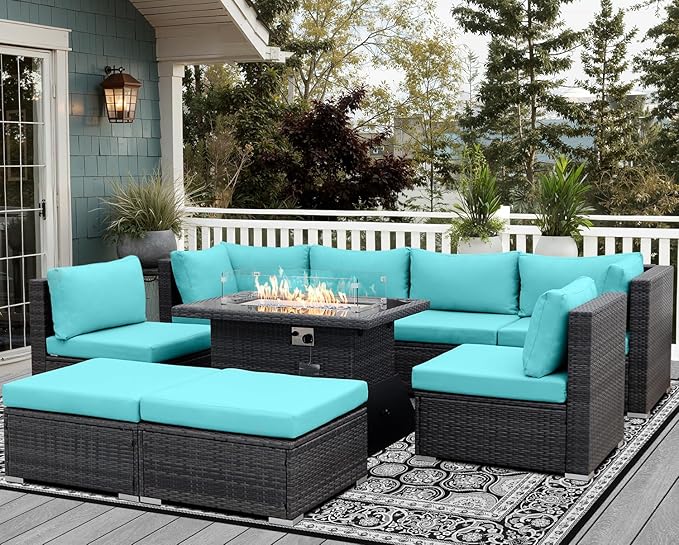NICESOUL Big Size 9 Piece Patio Furniture Set with Fire Pit Natural Gas & Propane, 29.3'' High Back Comfy Outdoor Rattan Conversations, Wide Seats Couches for Outside, 2 Color Cushions Teal & Gray