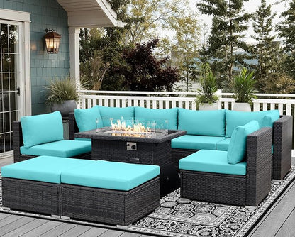 NICESOUL Big Size 9 Piece Patio Furniture Set with Fire Pit Natural Gas & Propane, 29.3'' High Back Comfy Outdoor Rattan Conversations, Wide Seats Couches for Outside, 2 Color Cushions Teal & Gray