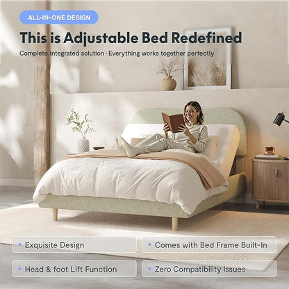 FLEXISPOT Queen All-in-One Adjustable Bed with 10" Gel Memory Foam Mattress, Linen Upholstered Bed Frame, Head & Foot Incline, Adjustable Headboard, 10-Year Warranty, Sage