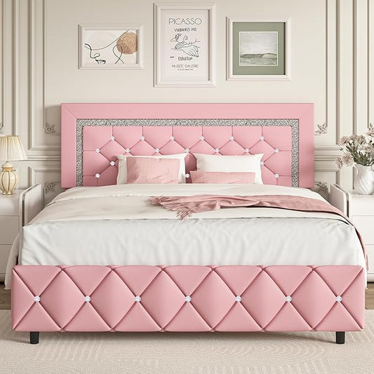 BarnFurin Queen Bed Frame with Headboard, Faux Leather Upholstered Bed with Diamond Tufted Design, Modern Platform Bed Frame, No Box Spring Required, Easy Assembly, Pink