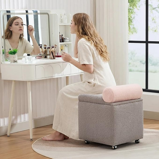 Boucle Vanity Chair with Storage, Swivel Makeup Vanity Chair with Wheels & Safety Hinge, Upholstered Vanity Stool Ottoman for Bedroom, Dressing Room, Grey