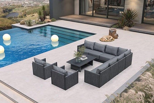 PURPLE LEAF 10 Pieces Patio Conversation Sets with Coffee Table All Weather Outdoor Couch Sectional Set with Cushion Patio Conversation Set for Garden Poolside Backyard Gray