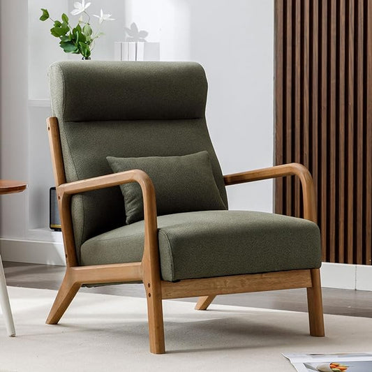 ANJHOME Mid Century Modern Accent Chair with High Back, Single Lounge Armchair with Solid Wood Frame, Comfy Reading Chair for Living Room, Easy Assembly