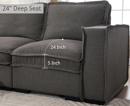 EALSON 119" Modular Sectional Sofa Modern Comfy 4-Seater Couch Sofa Linen Fabric Upholstered Cloud Couches with 24" Deep Seat and Wooden Legs for Bedroom/Living Room/Office, Grey