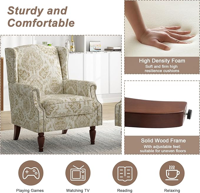 Pia Ricco High Back Floral Accent Chair - Retro Wingback Upholstered Armchair with Nailhead Trim, Solid Wood Legs, Fabric Living Room Bedroom Reading Chair (Flower White)