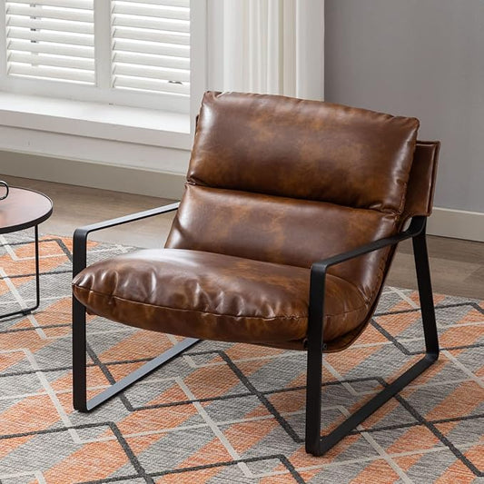 HEAH-YO Modern Accent Chairs Set of 2, PU Faux Leather Living Room Chairs with Removable Cushion and Solid Metal Frame, Comfy Reading Chairs for Bedroom, Brown
