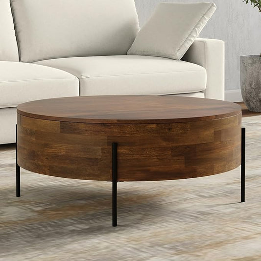 SIMPLIHOME Rayburn Drum Coffee Table - 38 inch Wide Solid Mango Wood Round Living Room Table in Walnut Brown, Modern Urban Center Table for Family Room with Black Metal Legs and Large Surface