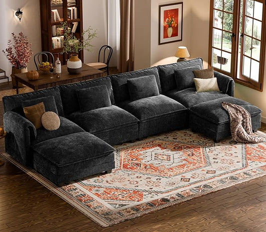 ELUCHANG 150" Modular Sectional Sofa, Comfy Deep Seat Cloud Couch, 6 Seater U Shaped Modern Sofa with Removable Cover for Living Room, Apartment, DIY Combination, Chenille Black