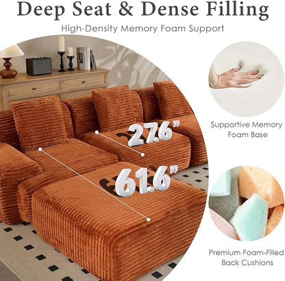 VK·LIVING 113" Cloud Sectional Couch, 61.6" Deep Seat Boneless Modular Sofa with Wide Armrests, Plush Corduroy Memory Foam Couch for Living Room, No Assembly, Orange