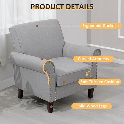 PrimeZone Comfy Accent Chair Set of 2, Mid-Century Modern Fabric Living Room Chair Reading Chair with Soft Cushion, Nailhead Trim & Rolled Armrest, Arm Chair Sofa Chair for Bedroom Waiting Room,Grey