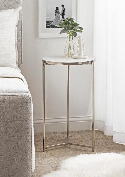 Kate and Laurel Aguilar Modern Round Side Table, 15 x 15 x 24, White and Silver, Genuine Marble Nightstand for Small Spaces and Living Room Décor