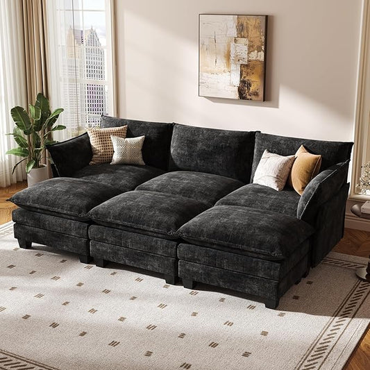 KKL 91.3" Large Modular Sectional Sofa Bed, 6 Seater Convertible J/L-Shaped Sleeper Cloud Couch with Ottoman, Chenille Sectional Couches for Living Room, Apartment, Black