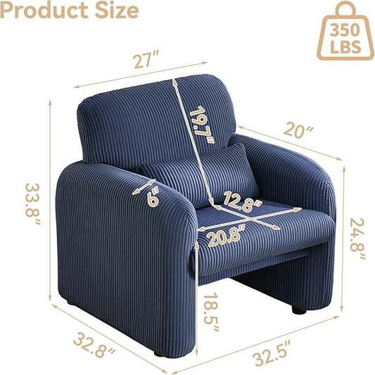 Corduroy Fabric Accent Chair, Modern Upholstered Living Room Chairs with Lumbar Pillow, Wide Comfy Leisure Armchair for Bedroom, Office, Reading, Blue