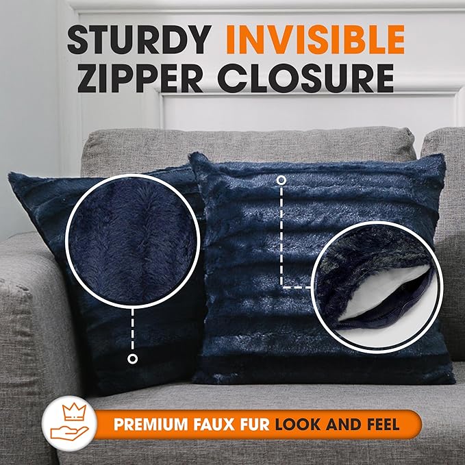 Cheer Collection Faux Fur Throw Pillows - Decorative Pillows for Couch, Bed Throw Pillows, Blue Accent Pillows for Bedroom or Living Room Aesthetic, Set of 2 Furry Throw Pillows, 16" x 16"
