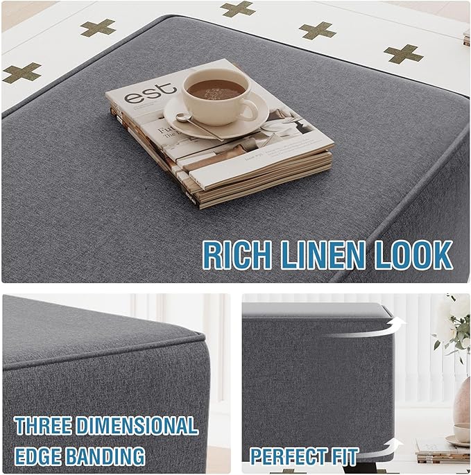 H.VERSAILTEX Ottoman Cover Slipcover Rectangle Fit Length 33"-34" Footrest Sofa Slipcovers Stool Cover Footstool Protector Covers Feature Thick Durable Linen Look Fabric Washable - Heather Grey