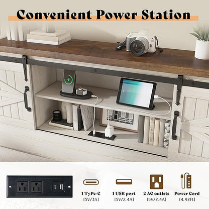 AMERLIFE Farmhouse Full Bed Frame, Rustic Wood Platform Bed Barn Door Storage Bookcase Headboard & Charging Station, Bedroom Furniture, No Box Spring Needed, Antique White