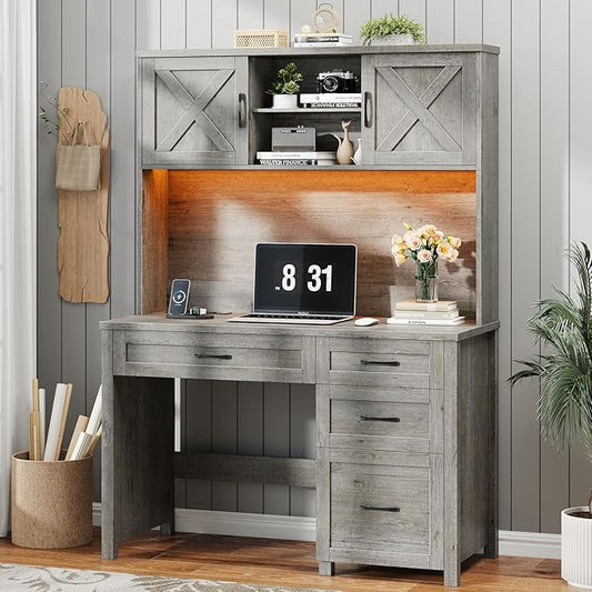 Farmhouse 67" H Executive Desk with Hutch,Office Desk with 4 Drawers and LED light, Wood Workstation for Home Office and Study, Computer Desk with Storage Cabinet,File Drawers, Charging Station.Gray