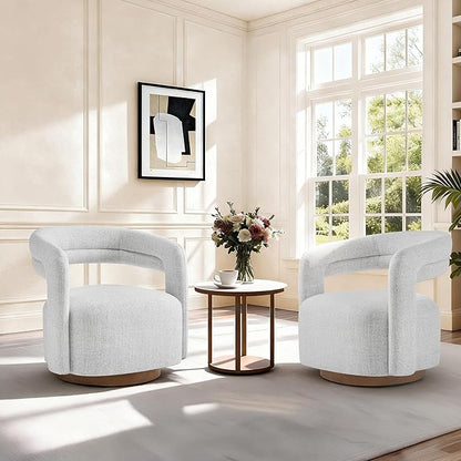 Swivel Accent Chair Set of 2, Upholstered Barrel Chair with Open Back Design, Modern Arm Chair with Wooden Base for Living Room Bedroom Reading Waitingroom,White