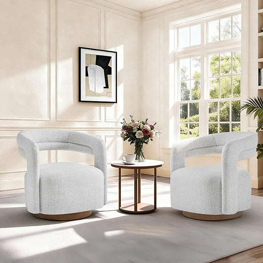 Swivel Accent Chair Set of 2, Upholstered Barrel Chair with Open Back Design, Modern Arm Chair with Wooden Base for Living Room Bedroom Reading Waitingroom,White