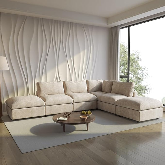 Cloud Sectional Couches for Living Room,134" Convertible L Shaped Couch with Ottoman, 6 Seater Modular Sectional Sofa,Deep Seater Furniture Sets
