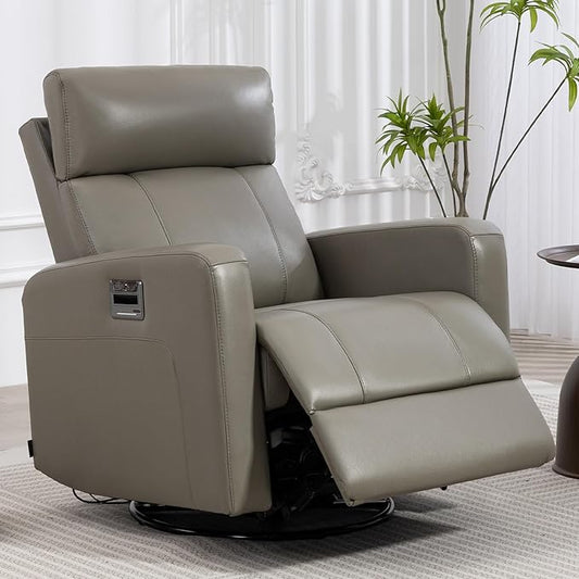 Genuine Leather Power Swivel Recliner Chair, Glider Electric Rocking Chair for Adults. Nursery Rocker Sofa Chair with Adjustable Headrest for Living Room. Wireless Charging/Type-C&USB, Grey
