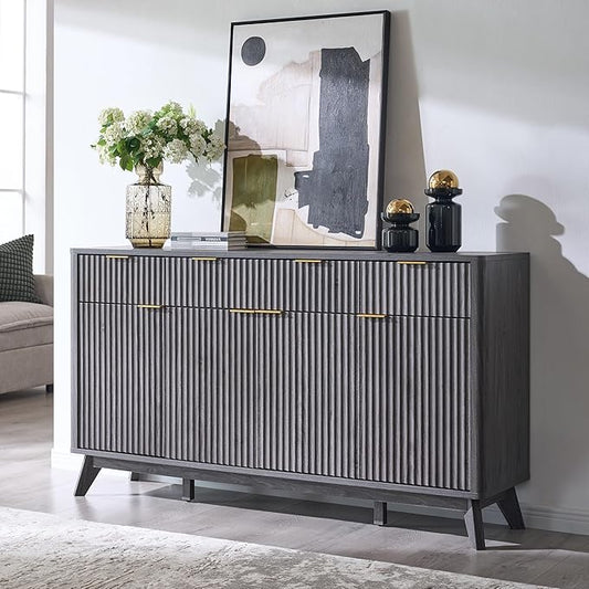 OKD Fluted Storage Cabinet with Drawers, 60" Morden Buffet Sideboard Coffee Bar Cabinet with 4 Doors and 3 Drawers for Dining Room, Living Room,Hallway (Dark Alder)