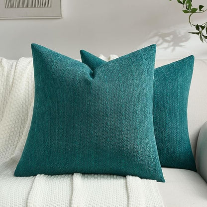 FUTEI Teal Chenille Throw Pillow Covers 22x22 Inch Set of 2,Soft Striped & Diamond Textured Cushion Cases,Modern Home Decor for Couch Living Room