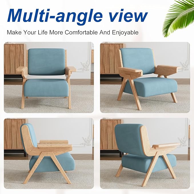 Mid Century Modern Accent Chair Set of 2, Fabric Upholstered Lounge Arm Chairs with Solid Wood Frame for Living Room, Bedroom, Office, Reading Corner (Blue)