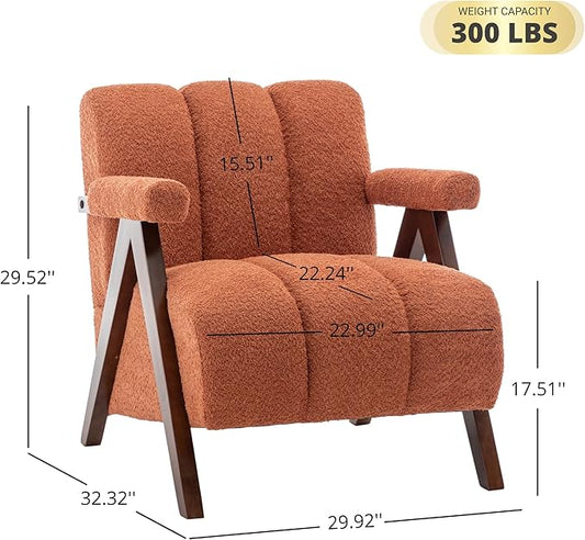 Mid Century Modern Accent Chair with Solid Wood Frame, Boucle Upholstered Living Room Chairs with Thick Cushion, Comfy Tufted Arm Chair for Bedroom, Orange