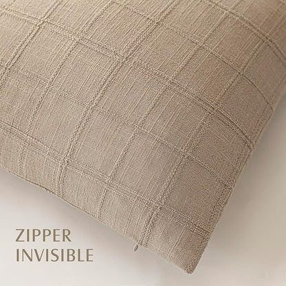 Foindtower Set of 2 Decorative Linen Check Throw Pillow Covers Neutral Farmhouse Vintage Cushion Covers Modern Coastal Boho Home Decor for Sofa Chair Couch Bedroom Living Room,24×24 Inch,Camel