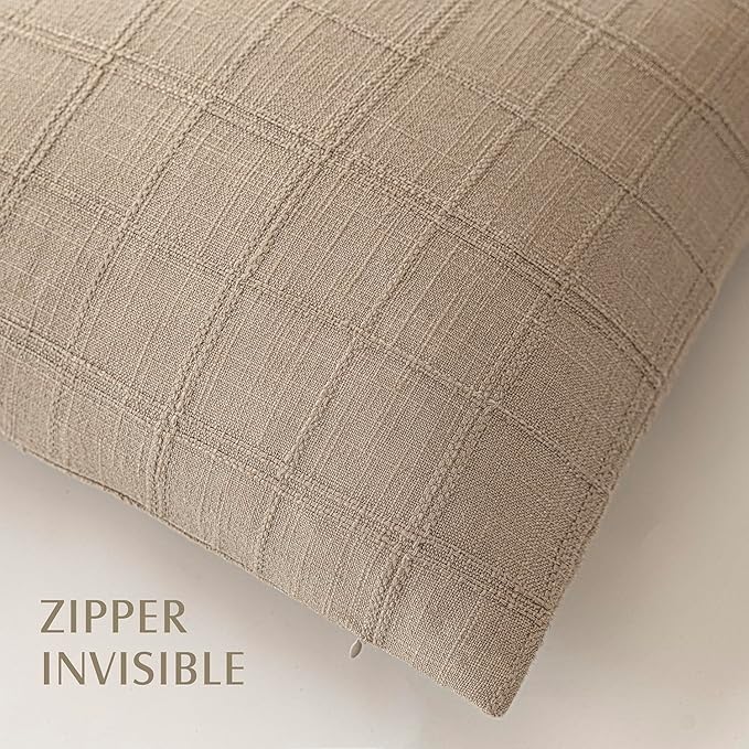 Foindtower Set of 2 Decorative Linen Check Throw Pillow Covers Neutral Farmhouse Vintage Cushion Covers Modern Coastal Boho Home Decor for Sofa Chair Couch Bedroom Living Room,18×18 Inch,Camel