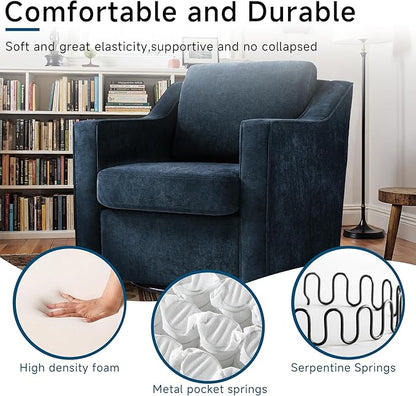 Pia Ricco 360° Swivel Accent Chair, Plush Oversized Chenille Fabric Armchair with Removable Cover for Living Room and Reception,Grey Blue