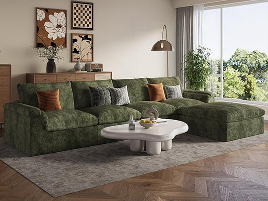 EASE MOOSE Oversized Cloud Couch Sectional Sofa, L-Shaped Large Modular Couch for Living Room, Minimalist Boneless Convertible Couches with Ottoman, 5-Seat Deep Sofas for Bedroom, Chenille (Green)