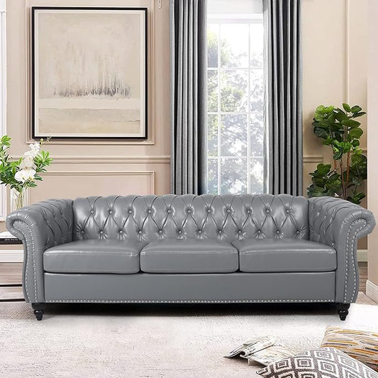 LEVNARY Chesterfield Sofa, Classic Tufted Upholstered Leather Couch, Modern 3 Seater Couch Furniture with Tufted Back for Living Room Office (Gray)
