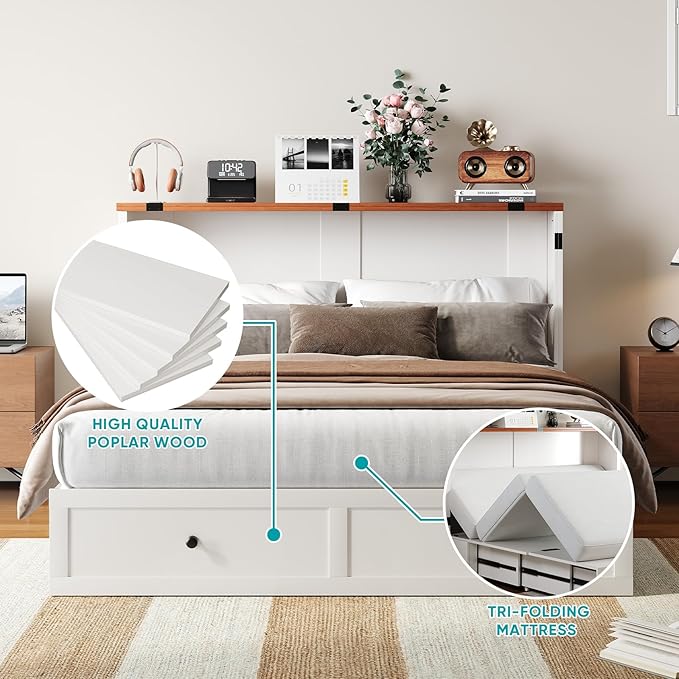 BALUS Full Size Cabinet Bed with Tri-Folding Mattress, 57’W Murphy Bed with USB Charging Station & 2 Storage Drawers, Full Murphy Cabinet Beds for Living Rooom, Apartment, Home Office, Bedroom-White