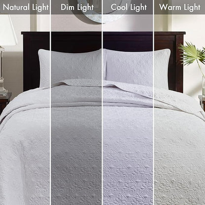 Madison Park Quebec Reversible Quilt Set Damask Design, Double Sided Stitching All Season, Lightweight Bedspread Bedding Set, Matching Sham, White, Oversized King(120"x118") 3 Piece