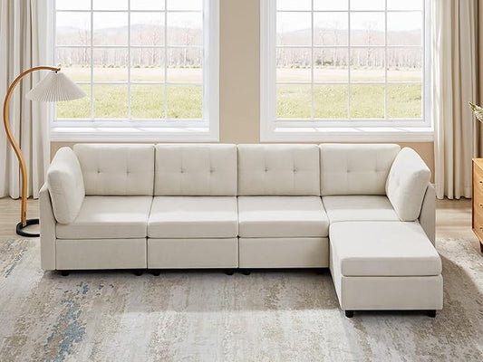VANOMi 4 Seat Modular Sectional Sofa with Ottoman, 118" Cloud Sofas & Couches, Cozy Chenille Sectional Couches for Living Room, Apartment, Office, Beige, L Shaped