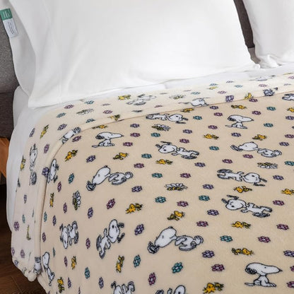 Berkshire Blanket Peanuts® VelvetLoft® Cute Character Snoopy Plush Blanket,Peanuts Woodstock Snoopy Spring Frolic Large Canvas,Full/Queen 90 in x 90 in (Official Peanuts® Product)