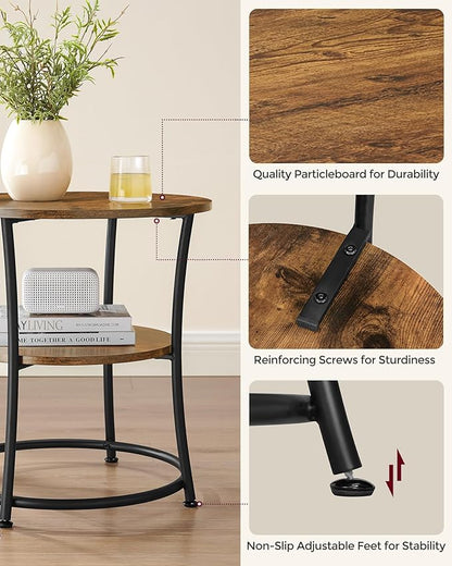 VASAGLE Side Table, 2-Tier Round End Table, Nightstand with Steel Frame for Small Spaces, Living Room, Bedroom, Rustic Brown and Ink Black