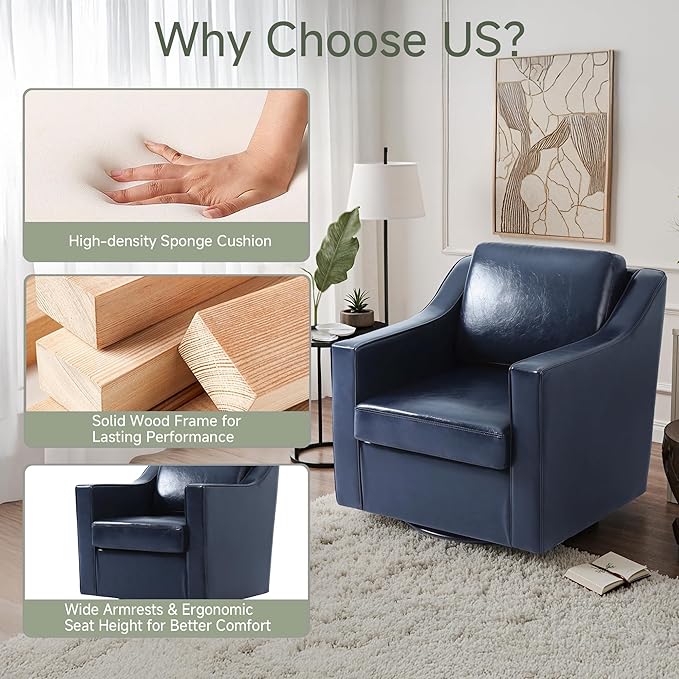 UIXE Faux Leather Swivel Accent Chair Set of 2, Upholstered Arm Chair for Living Room, Modern Club Armchair Comfy Single Sofa Bedroom Reading Seat with Lumbar Pillow - Navy Blue