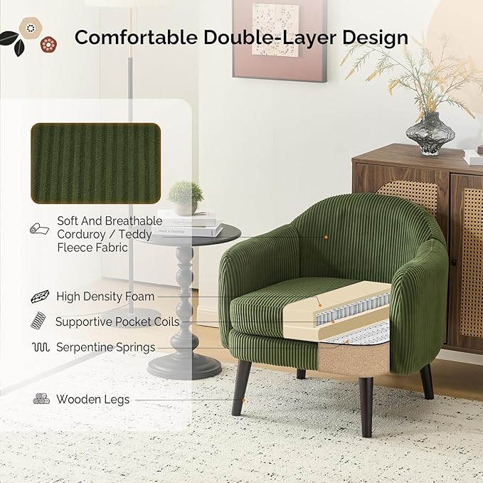 VINGLI 30.3" Wide Modern Barrel Accent Armchair with Track Armrest, Solid Wooden Legs, Comfy Upholstered Club Chair,Round Single Home Sofa for Living Room, Bedroom, Reading Room, Corduroy Green