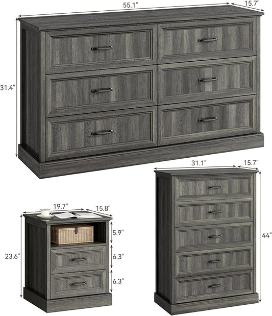 CARPETNAL Farmhouse Dresser and Nightstand Sets for Bedroom, 4 Pcs Bedroom Set, 5 Drawer & 6 Drawer Dresser and Nightstand Set of 2, Wood Chest of Drawers for Living Room, Entryway, Grey