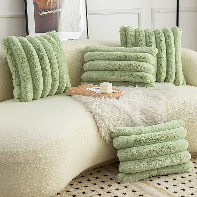 Neelvin Green Faux Fur Cozy Soft Striped Decorative Throw Pillow Covers 26x26 inch Set of 2,Velvet Pillowcase Cushion Case for Sofa Couch