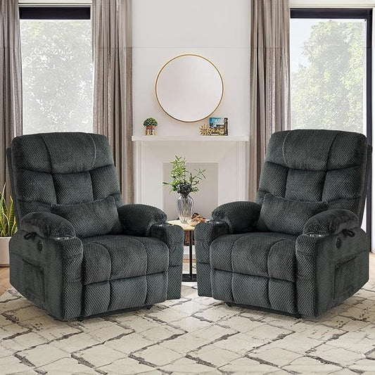 ABCASA Oversized Dual Motor Lay Flat Power Lift Recliner Chair Set of 2 for Elderly with Massage and Heat, Textile Large Recliner Chair, Lift Chairs Recliner with Lumbar Pillow, Cup Holder, Grey