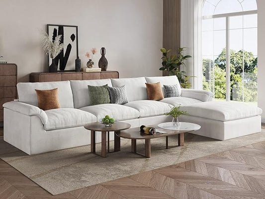 EASE MOOSE Oversized Cloud Couch Sectional Sofa, L-Shaped Large Modular Couch for Living Room, Minimalist Boneless Convertible Couches with Ottoman, 5-Seat Deep Sofas for Bedroom, Chenille (White)