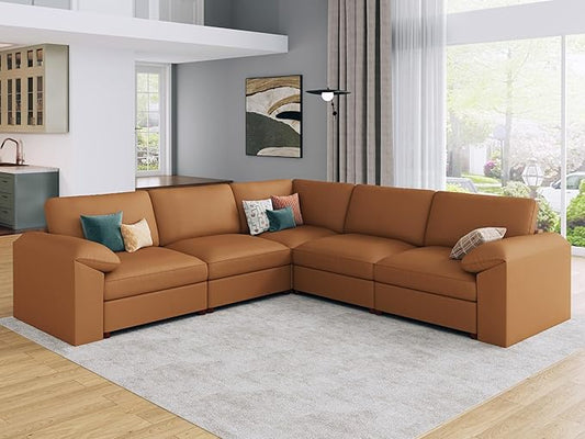 EASE MOOSE Oversized Corner Modular Sectional Sofa, Faux Leather Sectional Sofa with Deep Seat, Scratch Resistant Faux Leather Material, Extra Large L Shaped Couch, Brown