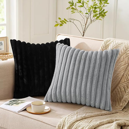 Pallene Faux Fur Plush Throw Pillow Covers 16x16 Set of 2, Luxury Soft Fluffy Striped Decorative Pillow Covers for Sofa, Couch, Living Room, Black