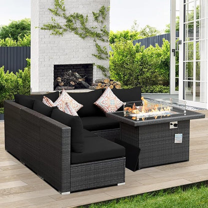 NICESOUL 6 Piece Modern L-Shaped Outdoor Sectional with Firepit Natural Gas/Propane, 29.3'' High Back Wicker Patio Furniture Set, Oversized Conversation for Exterior, 2 Color Cushion Black & Gray